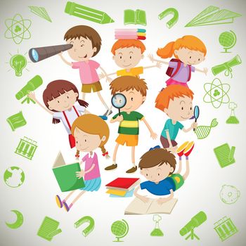Group of children reading and learning illustration