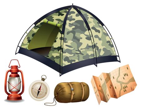 Camping set with tent and other objects illustration
