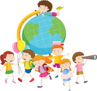 Children and the globe illustration