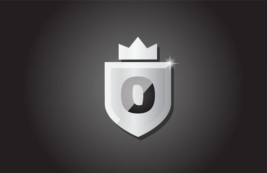 Creative shield O alphabet letter logo icon in grey color. Corporate business design for company template identity with king crown and light spark
