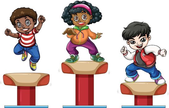 Three children on balance beam illustration