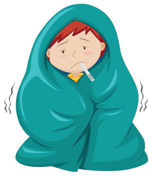 Kid under blanket having fever illustration