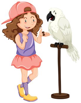 Girl with white parrot pet illustration