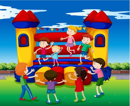 Kids bouncing on the playhouse illustration