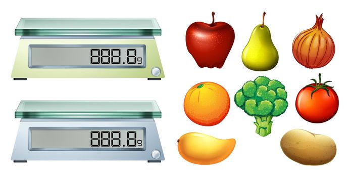 Fresh fruits and measuring scales illustration