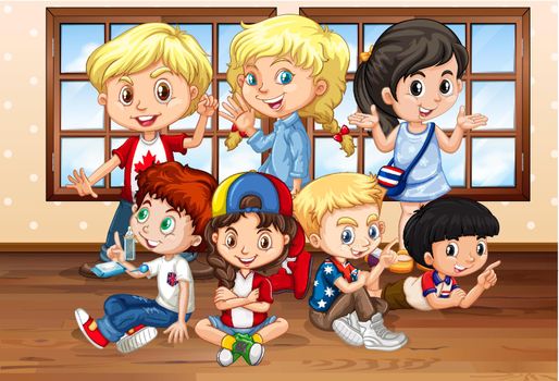 Many children in classroom illustration