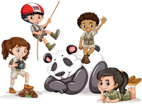 Panda and many children illustration