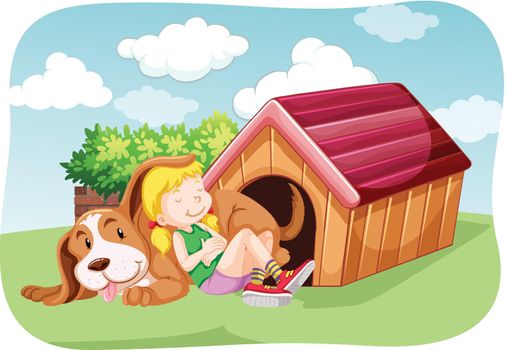 Girl and pet dog in the garden illustration