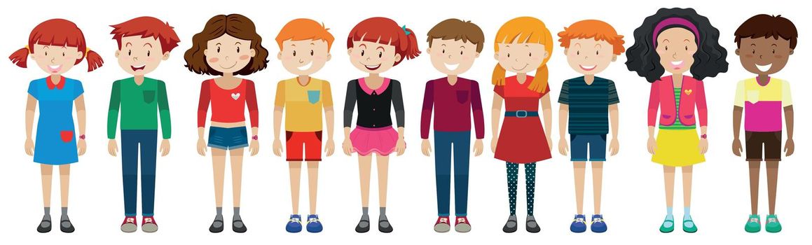 Teenage boys and girls standing illustration