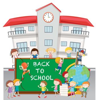 Back to school theme with students at school illustration