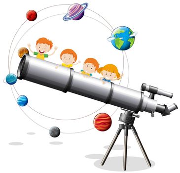 Childrean and giant telescope illustration