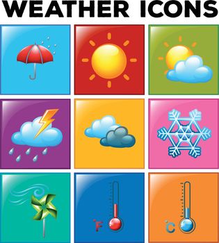 Different weather icons on color background illustration