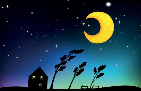 Night scene with house and trees illustration