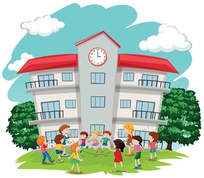 Children playing in front of school illustration