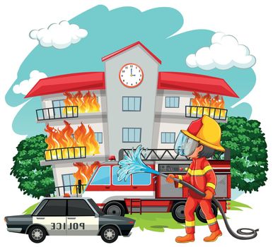 Fire fighter at fire scene illustration