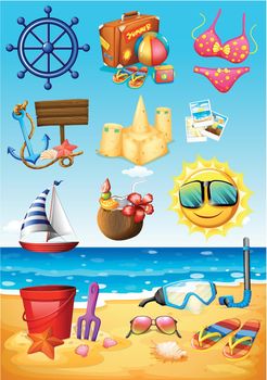 Ocean scene and beach objects illustration