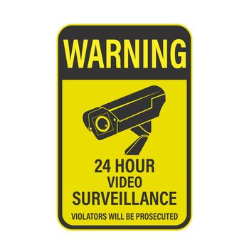 WARNING 24-hour video surveillance. A sign, sign or sticker with a warning about round-the-clock video surveillance. Flat style.

