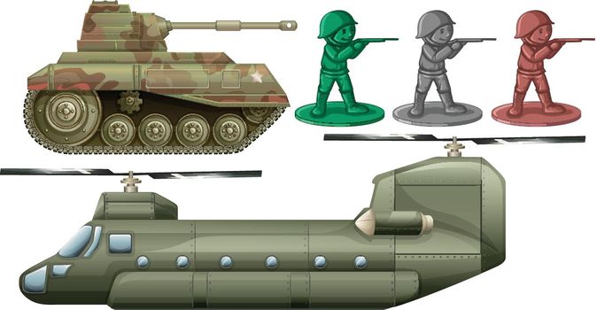 Military vehicles and soldier toys illustration