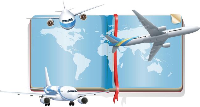 Book with airplanes flying in the sky illustration