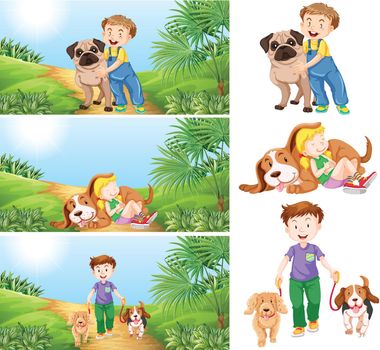 Boy and girl with pet dogs illustration