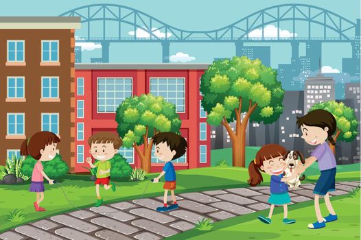 Children playing at urban park illustration