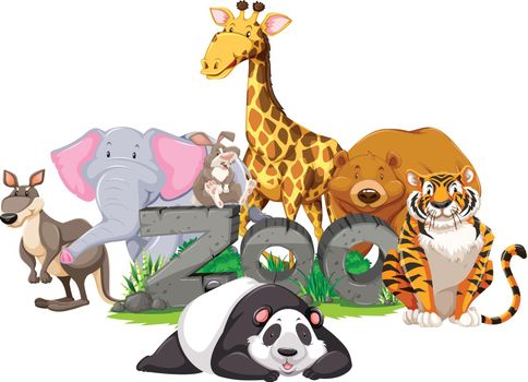 Wild animals around the zoo sign illustration