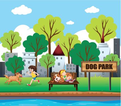 people and pets at dog park illustration