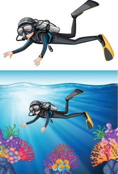Diver snorkeling through a reef illustration
