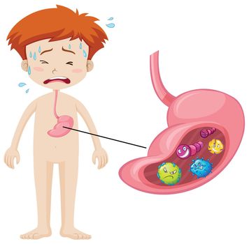 Boy having bacteria in stomach illustration