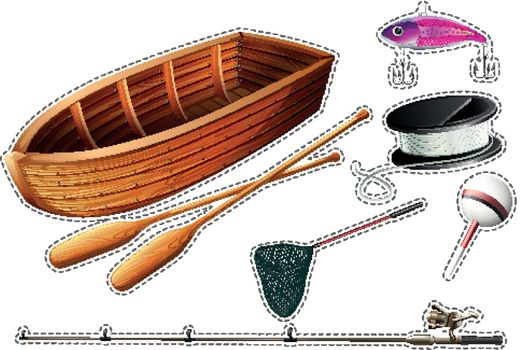 Fishing boat and other fishing equipments illustration