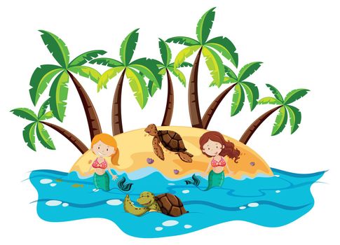 Mermaids and sea turtles in the sea illustration