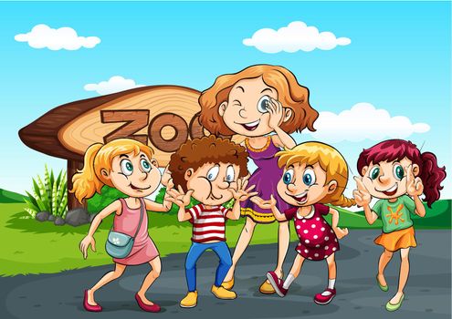 Children visit the zoo at day time illustration
