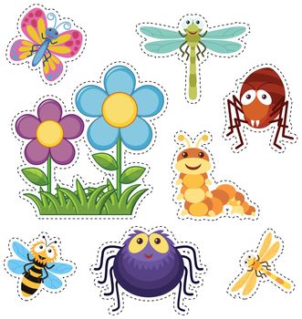 Sticker set with flowers and bugs illustration