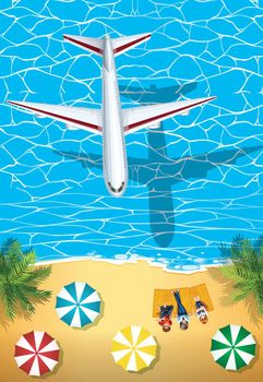 Airplane flying over the ocean illustration