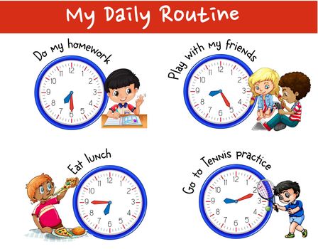Daily routine of many children with clocks illustration