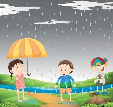 Three kids in the rain illustration