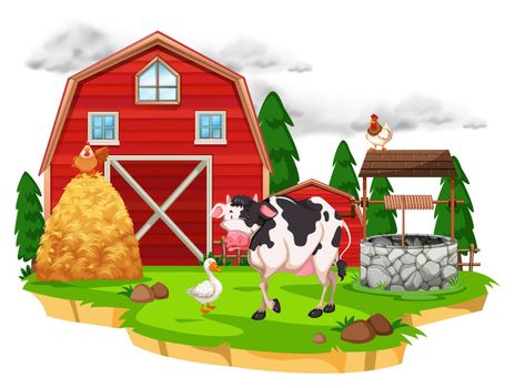 Scene with farm animals on the farm illustration