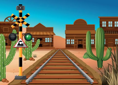Train track through western town illustration