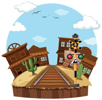 Railway track in the cowboy town illustration