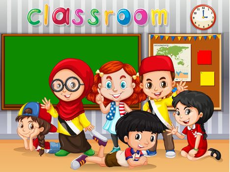 Many kids learning in classroom illustration