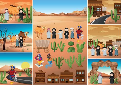 Desert scenes with people and buildings illustration