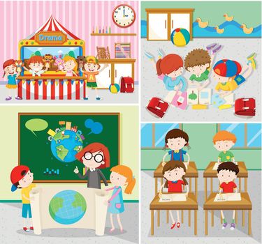 Students learning and playing in classrooms illustration