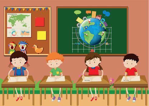 Many students learning in classroom illustration