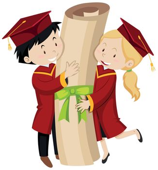 Two graduated students holding giant degree illustration