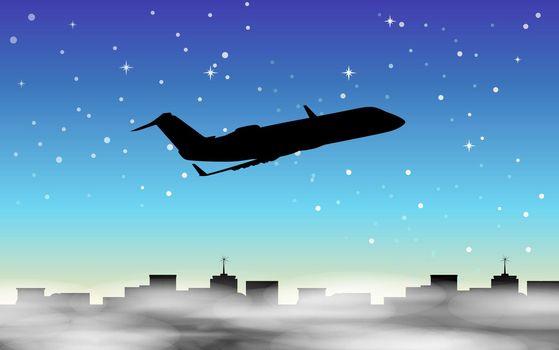Silhouette scene with airplane flying in foggy sky illustration