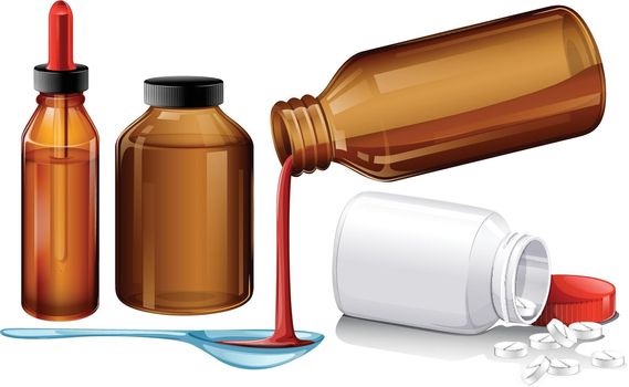 Liquid medicine and tablets illustration