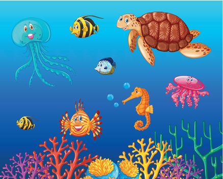 Sea animals swimming under the ocean illustration