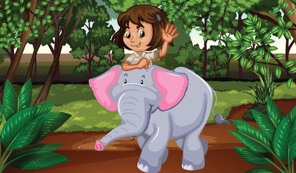 Girl riding elephant through jungle illustration