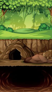 Underground cave in jungle illustration