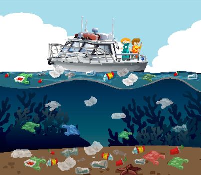 Water pollution poster with trash in the ocean illustration